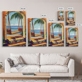 Swing Ocean, Tropical, Archway, Framed Canvas Print, Beach retreat wall art, vibrant tropical decor, Bedroom or Bathroom Wall Art