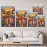 Dragonfly Floral, Bold, Nature, Framed Canvas Print, Boho dragonfly wall art, vivid nature insect painting, Bathroom or Entryway Art