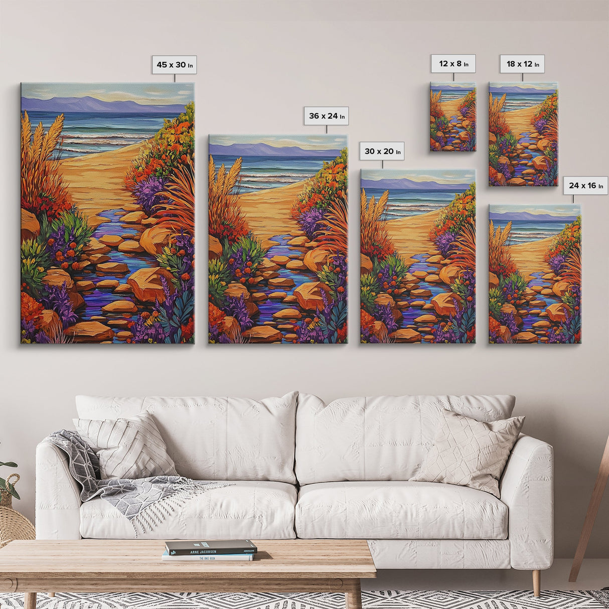 Path Ocean, Flowers, Shoreline, Framed Canvas Print, Bright coastal landscape, colorful wildflower path, Bathroom or Entryway Wall Art