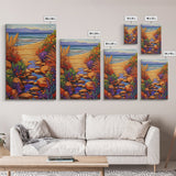 Path Ocean, Flowers, Shoreline, Framed Canvas Print, Bright coastal landscape, colorful wildflower path, Bathroom or Entryway Wall Art