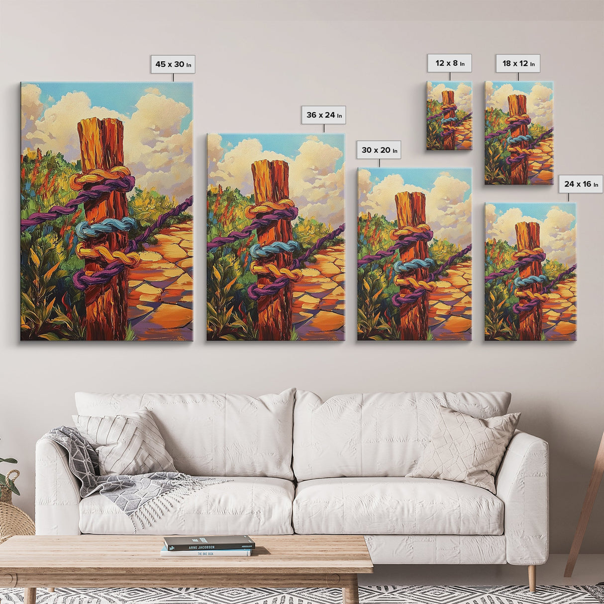 Post Rope, Path, Nature, Canvas Print, rustic fence art, countryside boho decor, vibrant outdoor scene, cozy cabin wall art, hallway style