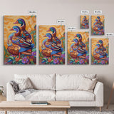 Ducks Colorful, Whimsical, Pair, Framed Canvas Print, Animal couple wall art, farmhouse nursery artwork, folk style bird painting