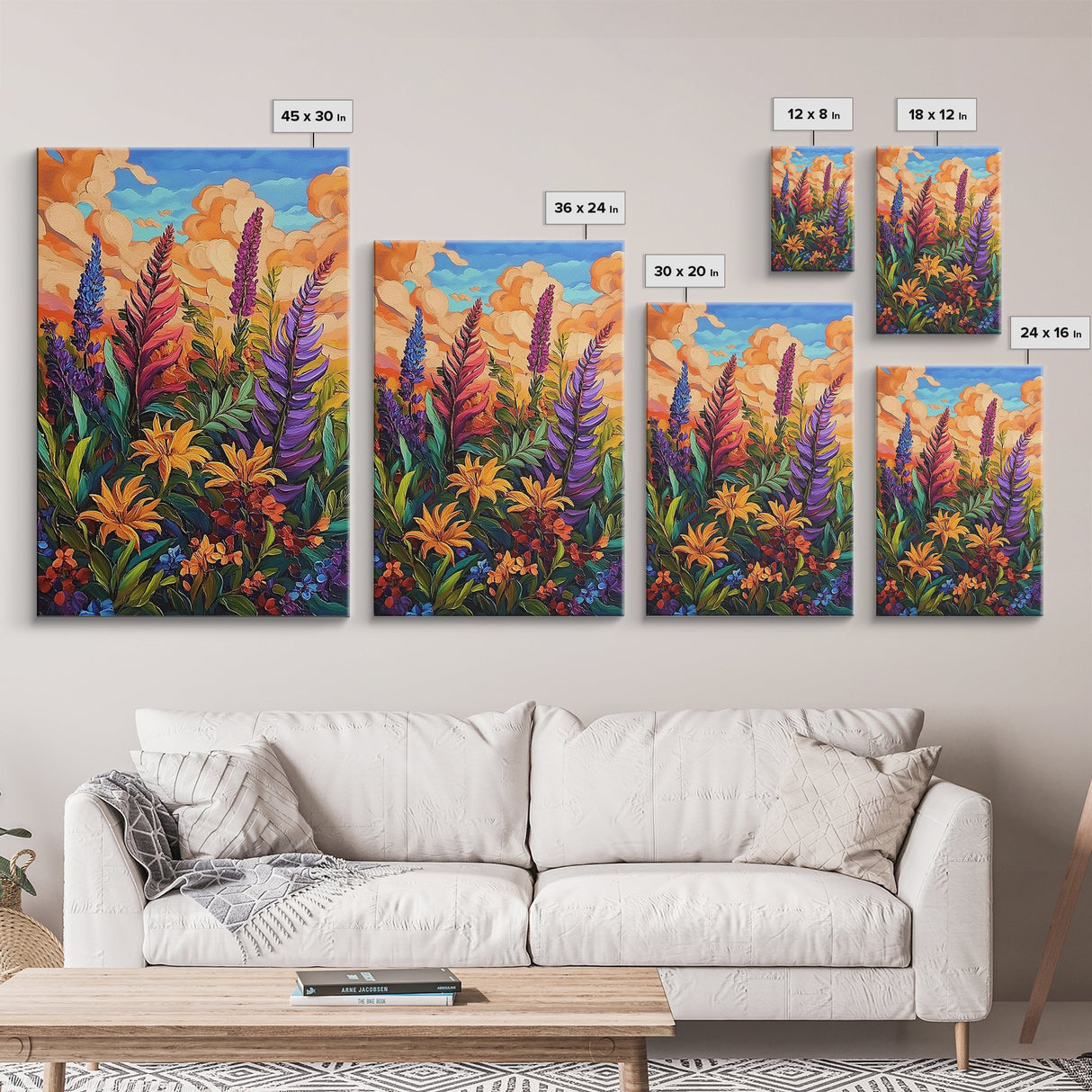 Vibrant Autumn, Blooms, Landscape, Framed Canvas Print, Bright Wildflower Artwork, Living Room Wall Art, Colorful Fall Floral Boho Painting