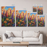 Vibrant Autumn, Blooms, Landscape, Framed Canvas Print, Bright Wildflower Artwork, Living Room Wall Art, Colorful Fall Floral Boho Painting