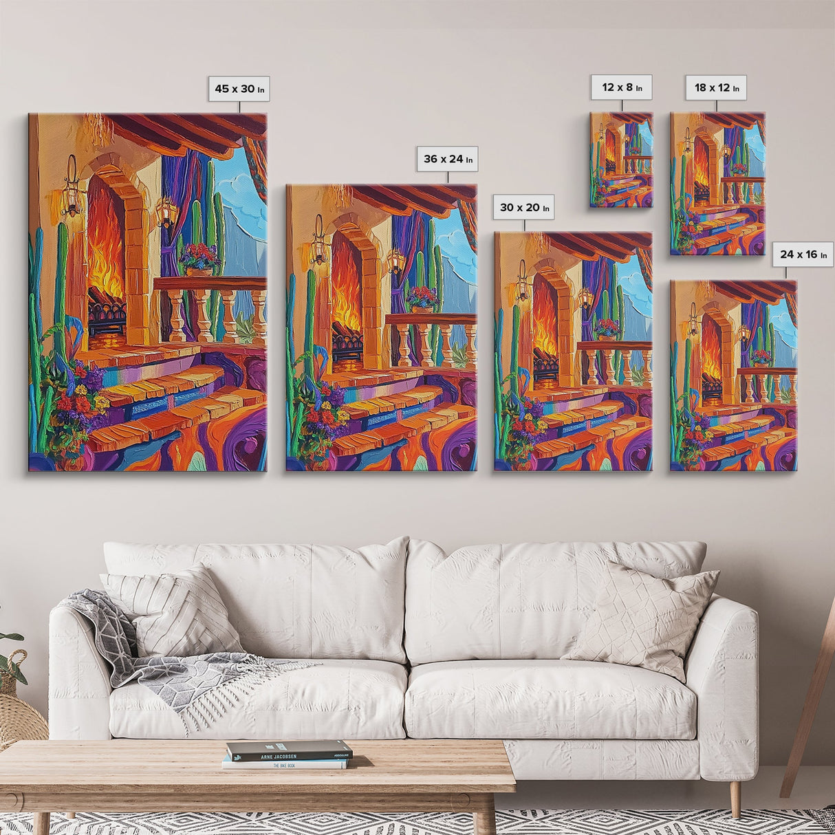 Cozy Hacienda, Fireplace, Terrace, Canvas Print, Southwestern Wall Art, Warm Interior Scene, Kitchen or Dining Room Boho Decor