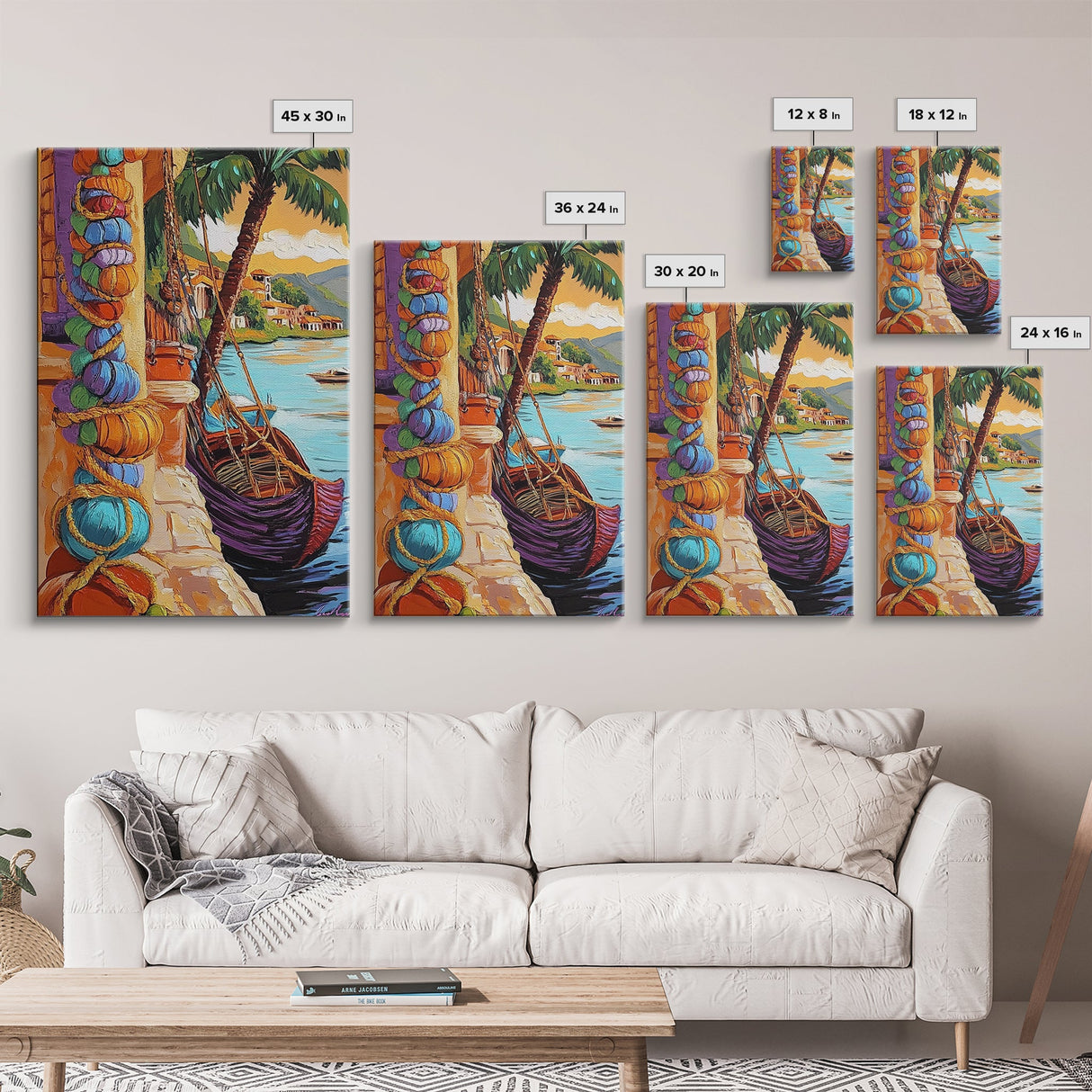 Tropical Boat, Village, Shoreline, Canvas Print, Coastal Wall Art, Vibrant Travel Scene, Boho Seaside Decor, Beach House Painting