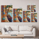 Tropical Boat, Village, Shoreline, Canvas Print, Coastal Wall Art, Vibrant Travel Scene, Boho Seaside Decor, Beach House Painting