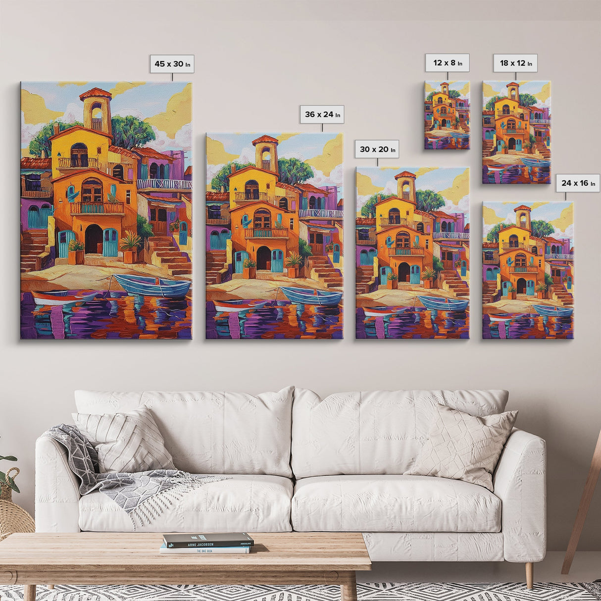 Village Boats, Reflections, Summer, Framed Canvas Print, coastal village wall art, Mediterranean canvas, kitchen decor, nautical rustic home