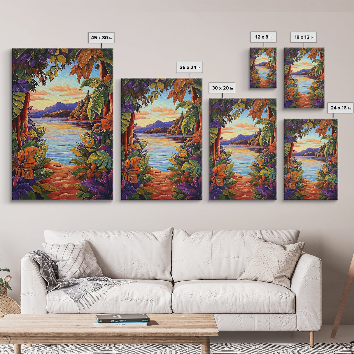 Tropical Lake, Sunset, Leaves, Canvas Print colorful tropical art, jungle boho decor, vibrant beach house wall art, exotic nature room print