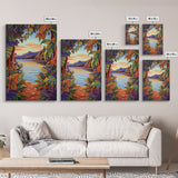 Tropical Lake, Sunset, Leaves, Canvas Print colorful tropical art, jungle boho decor, vibrant beach house wall art, exotic nature room print