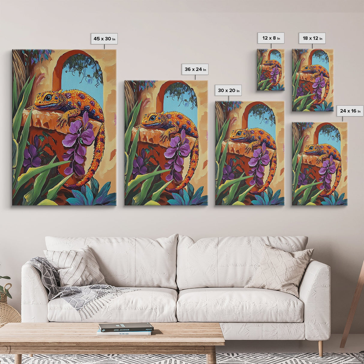 Gecko Tropical, Garden, Framed Canvas Print, Colorful Lizard Art, Desert Wall Decor, Nature Inspired Boho Art, Bathroom art,  Patio Wall Art