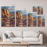 Rocky Pathway, Flowers, Framed Canvas Print, Vibrant Desert Trail Art, Colorful Landscape Wall Decor, Boho Living Room Wall Art