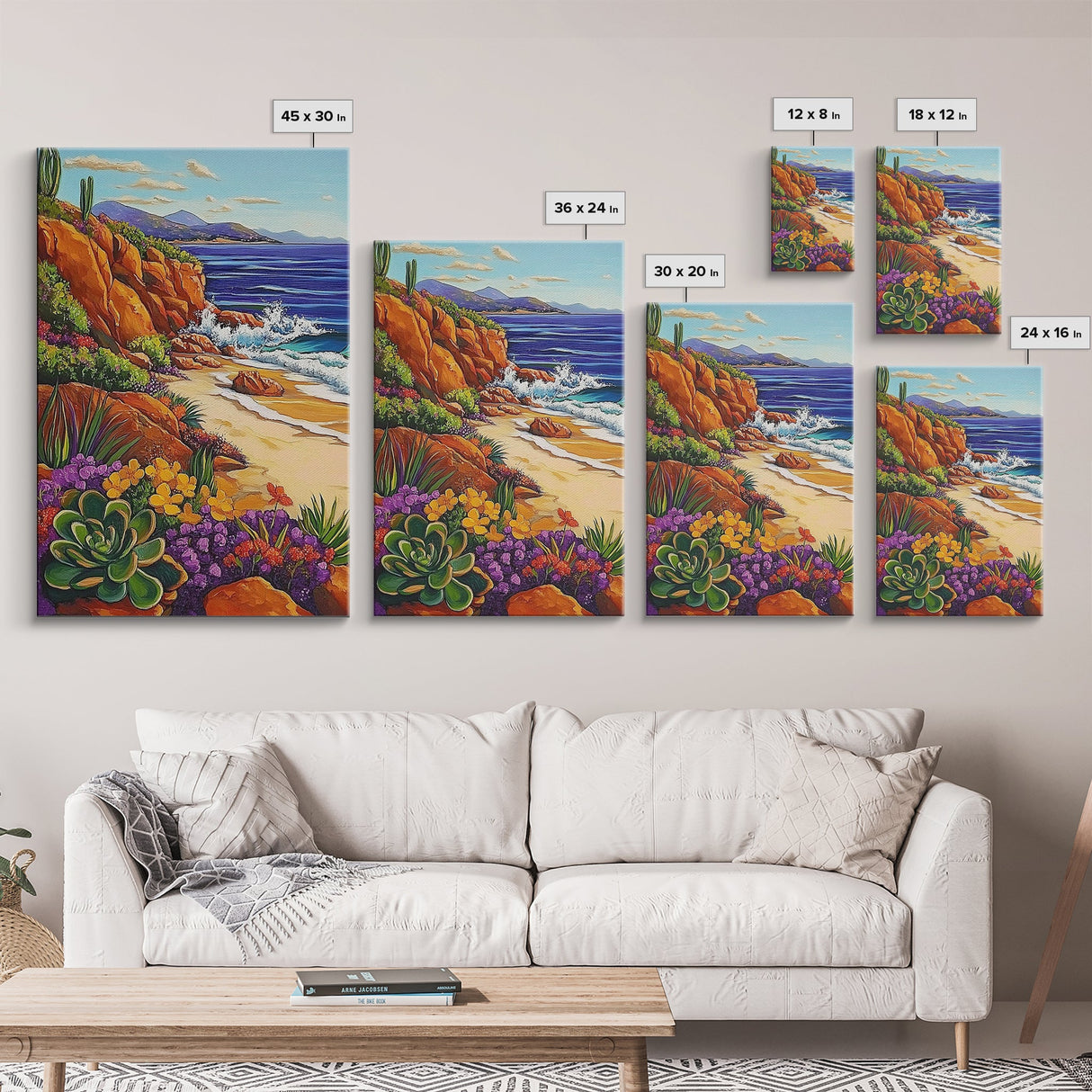 Ocean Cactus, Sunset, Framed Canvas Print, Southwest Coastal Art, Desert Beach Wall Decor, Colorful Nature Scene, Bathroom Wall Art