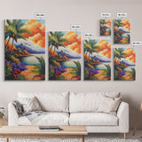 Sunset Palms, Ocean, Autumn, Framed Canvas Print coastal tropical wall art, bold sunset palm decor, boho living room art, beach house vibe