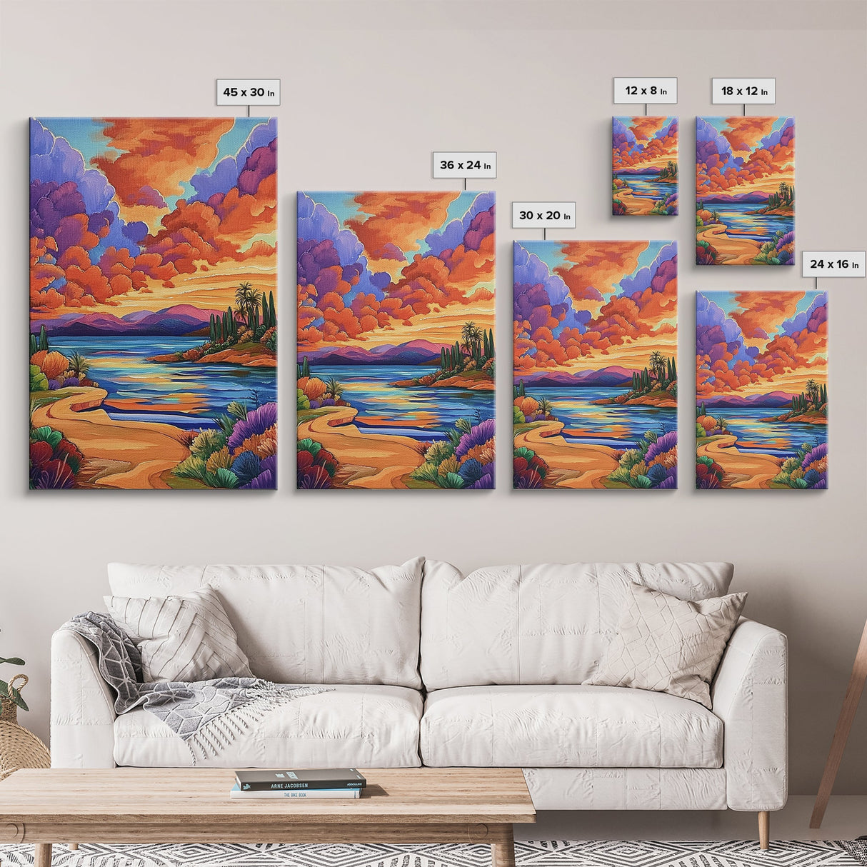 Sunset Lake, Pathway, Dreamy, Framed Canvas Print vibrant sunset lake art, colorful sky and mountain scene, living room art, office boho decor