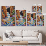 Waterfall Arch, Canyon, Coastal, Framed Canvas Print dramatic coastal waterfall painting, colorful canyon ocean view, nature boho decor