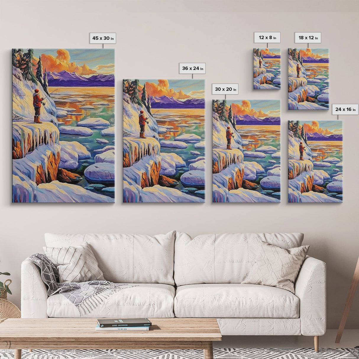 Winter Fishing, Snow, Landscape, Framed Canvas Print peaceful snowy fishing scene, winter mountain art, lodge or cabin living room wall decor