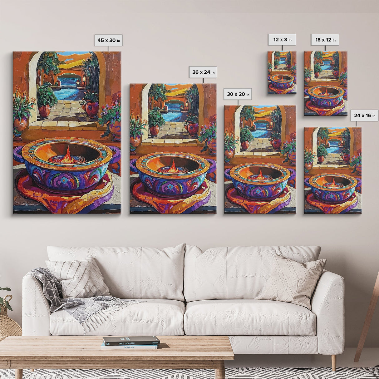 Fire Pottery, Patio, Colorful Framed Canvas Print, Rustic Kitchen Wall Art, Hacienda Style Decor, Bold Mexican Art, Autumn Home Accent