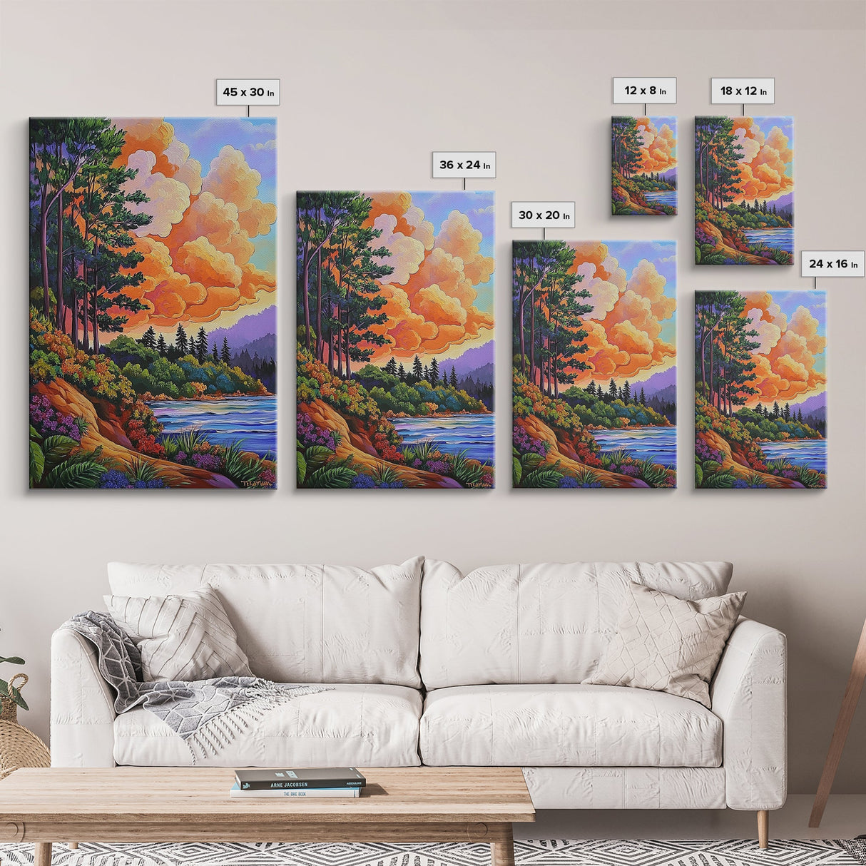 Pine Forest, Sunset, River, Framed Canvas Print, vibrant mountain art, autumn wall decor, cozy cabin wall art, rustic lodge artwork