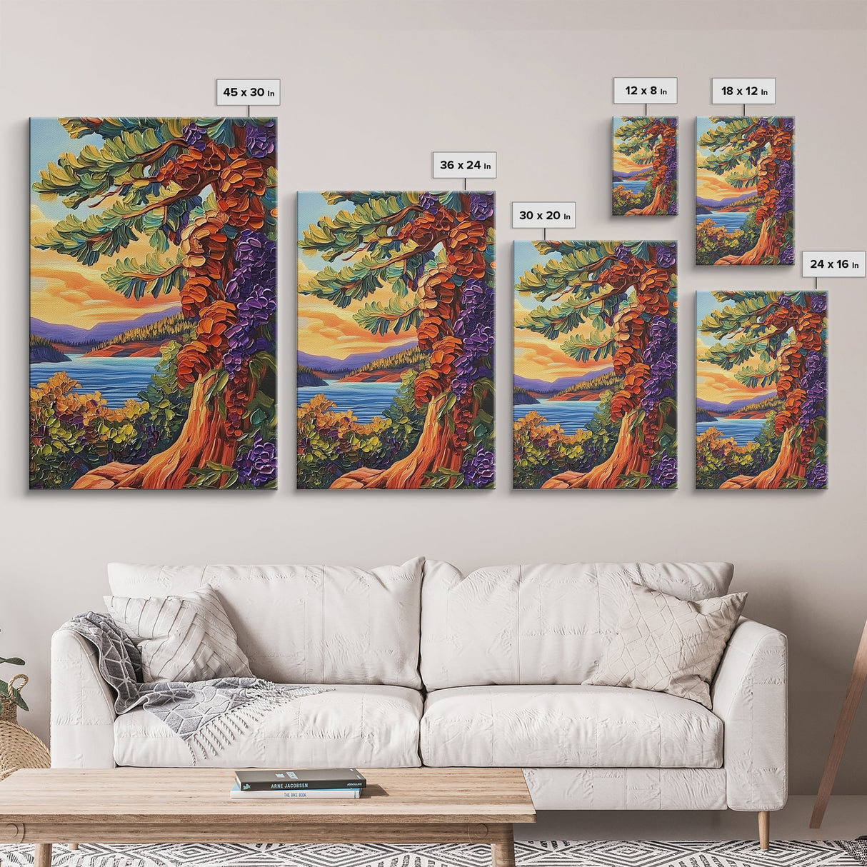 Tree Lake, Mountains, Nature, Framed Canvas Print, pine tree art, autumn landscape wall decor, cozy cabin or lodge art, textured style