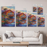 Cabin Dock, Water, Reflection, Framed Canvas Print, lake house decor, cozy retreat wall art, rustic reflection painting, fall colors