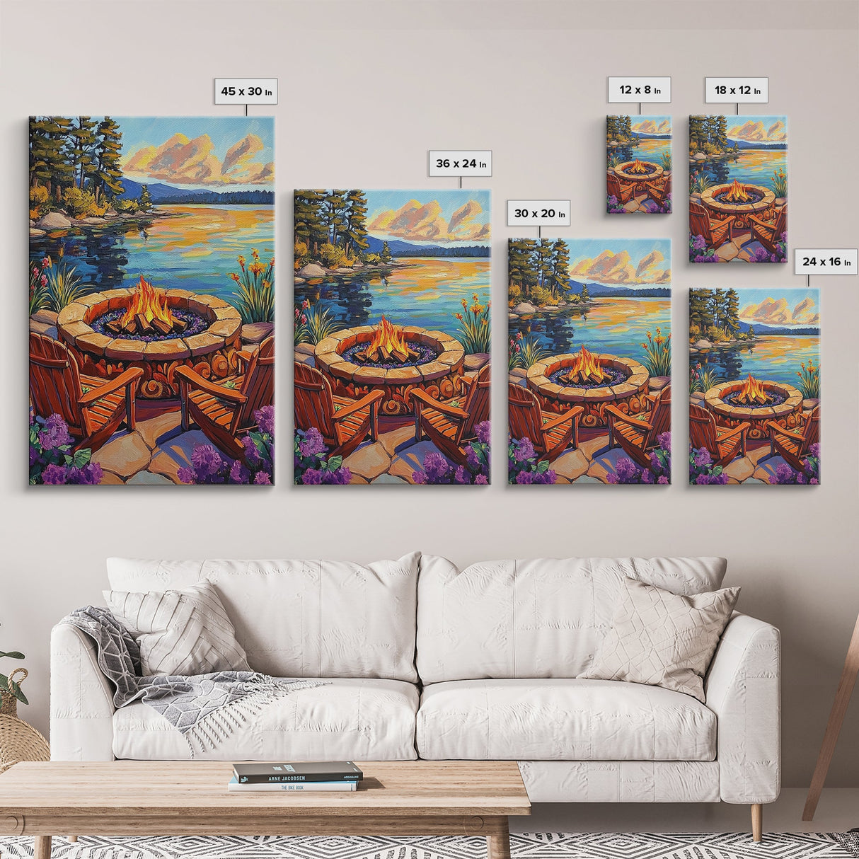 Firepit Chairs, Lake, Sunset, Framed Canvas Print, outdoor patio wall decor, rustic lakeside art, cozy fall cabin retreat artwork