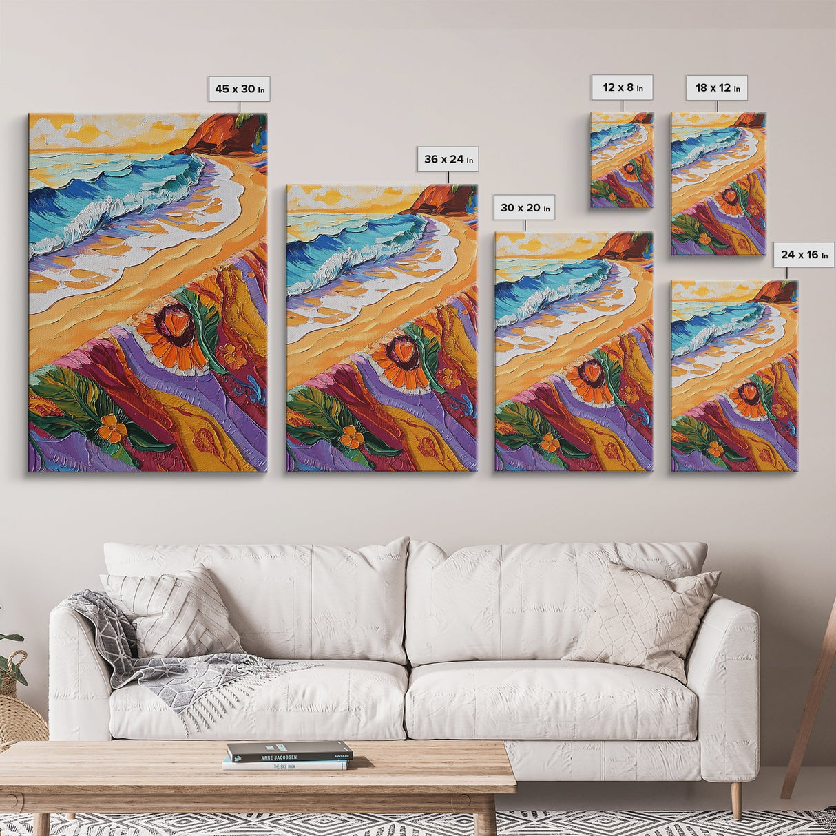 Shore Blanket, Waves, Golden, Canvas Print, tropical boho decor, beach sunset wall art, oceanview relaxation scene, summer bathroom decor