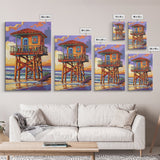 Lifeguard Ocean, Surf, Sunset, Framed Canvas Print, Vibrant Lifeguard Tower Canvas, Surf Shack Painting, Beach Wall Art, Living Room Accent