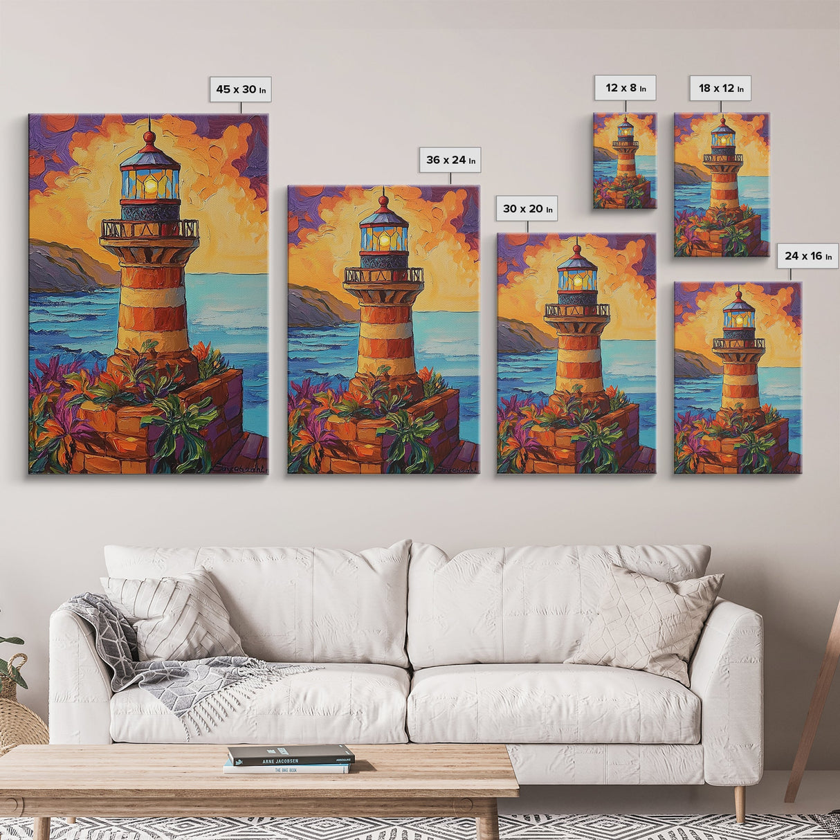 Lighthouse Ocean, Sunset, Boho, Framed Canvas Print, Lighthouse Wall Art, Coastal Decor, Nautical Sunset Canvas, Living Room Boho Artwork