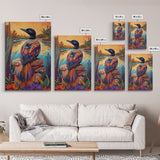 Jewel Loon, Sunset, Vibrant Bird Wall Art, Nature Wildlife Decor, Eclectic Home Accent, Living Room Boho Framed Canvas Print