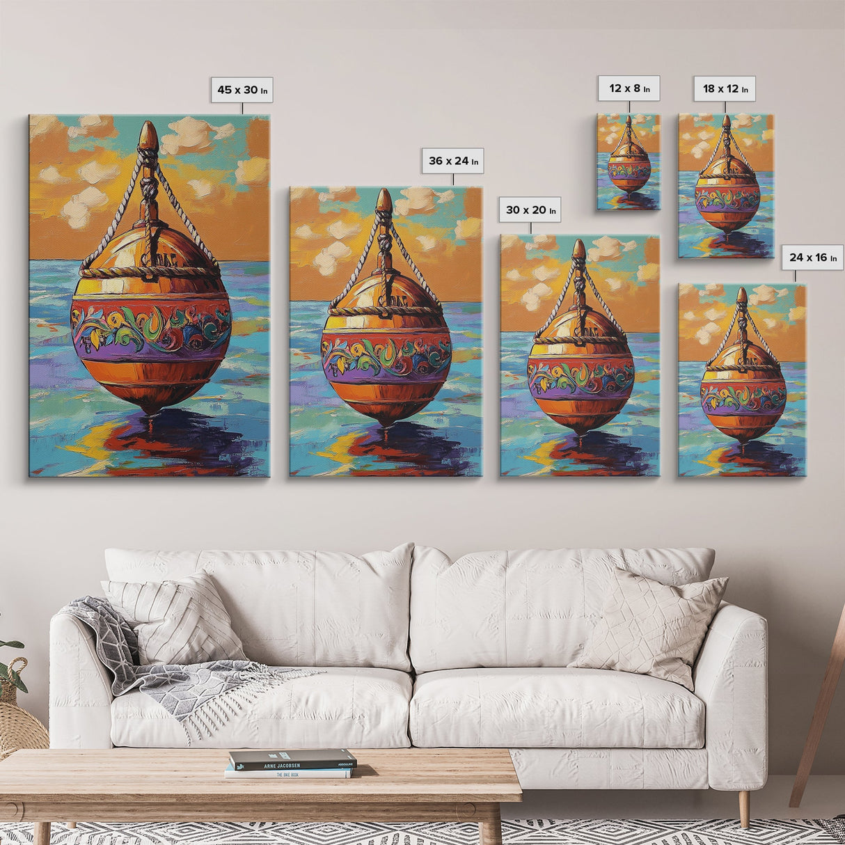 Buoy Sea, Sunset, Nautical Ocean Wall Art, Beach House Decor, Coastal Colorful Accent, Tropical Framed Canvas Print