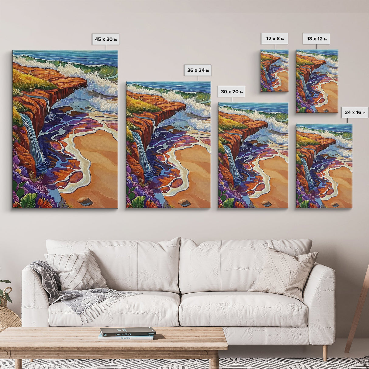 Waterfall Beach, Sunset, Coastal Landscape Framed Canvas Print, Colorful Ocean Wall Decor, Living Room Coastal Art, Seaside Painting