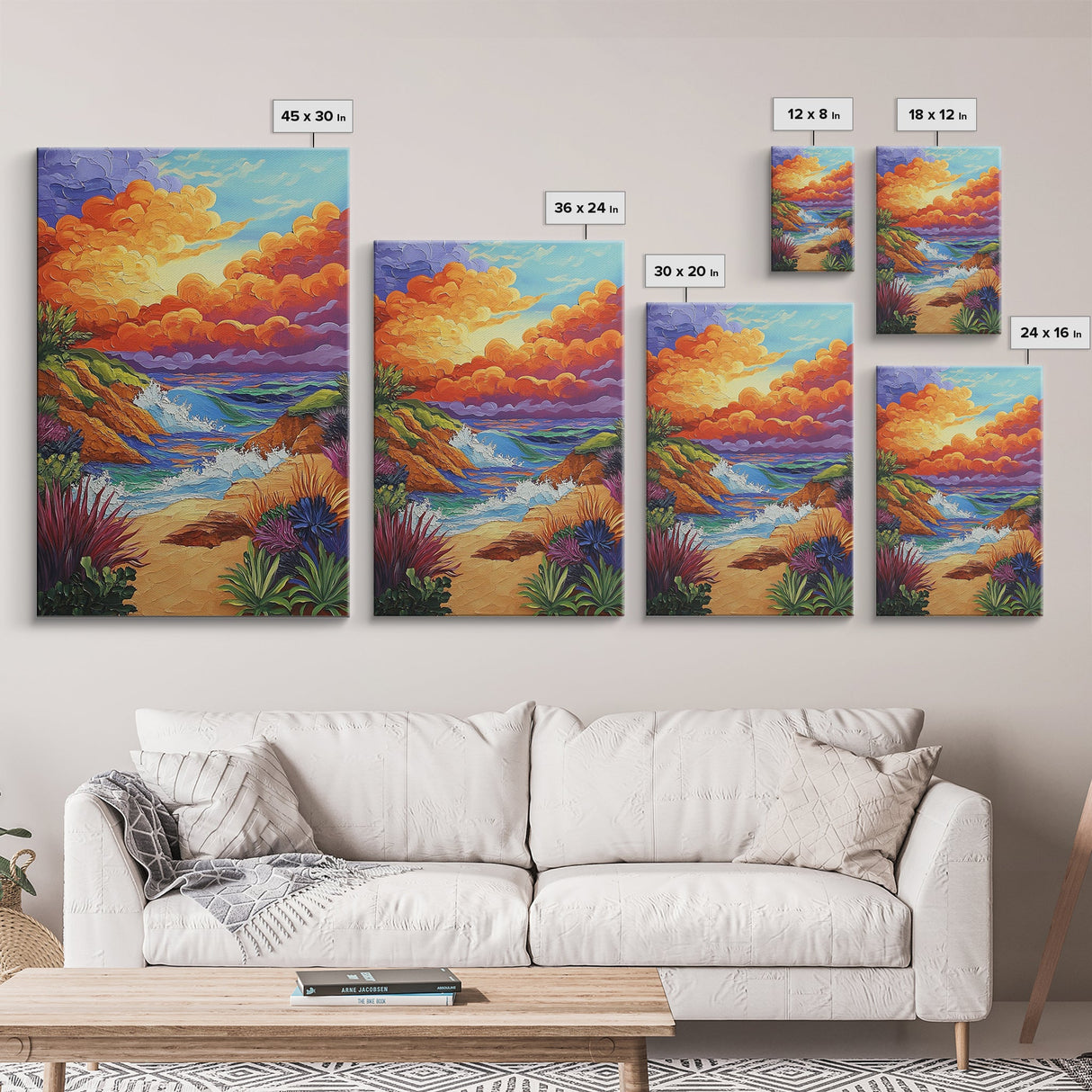 Seaside Sunset, Cliff, Dramatic Clouds Framed Canvas Print, Vibrant Ocean Wall Decor, Bathroom Beach Art, Coastal Expressionism