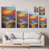 Seaside Sunset, Cliff, Dramatic Clouds Framed Canvas Print, Vibrant Ocean Wall Decor, Bathroom Beach Art, Coastal Expressionism