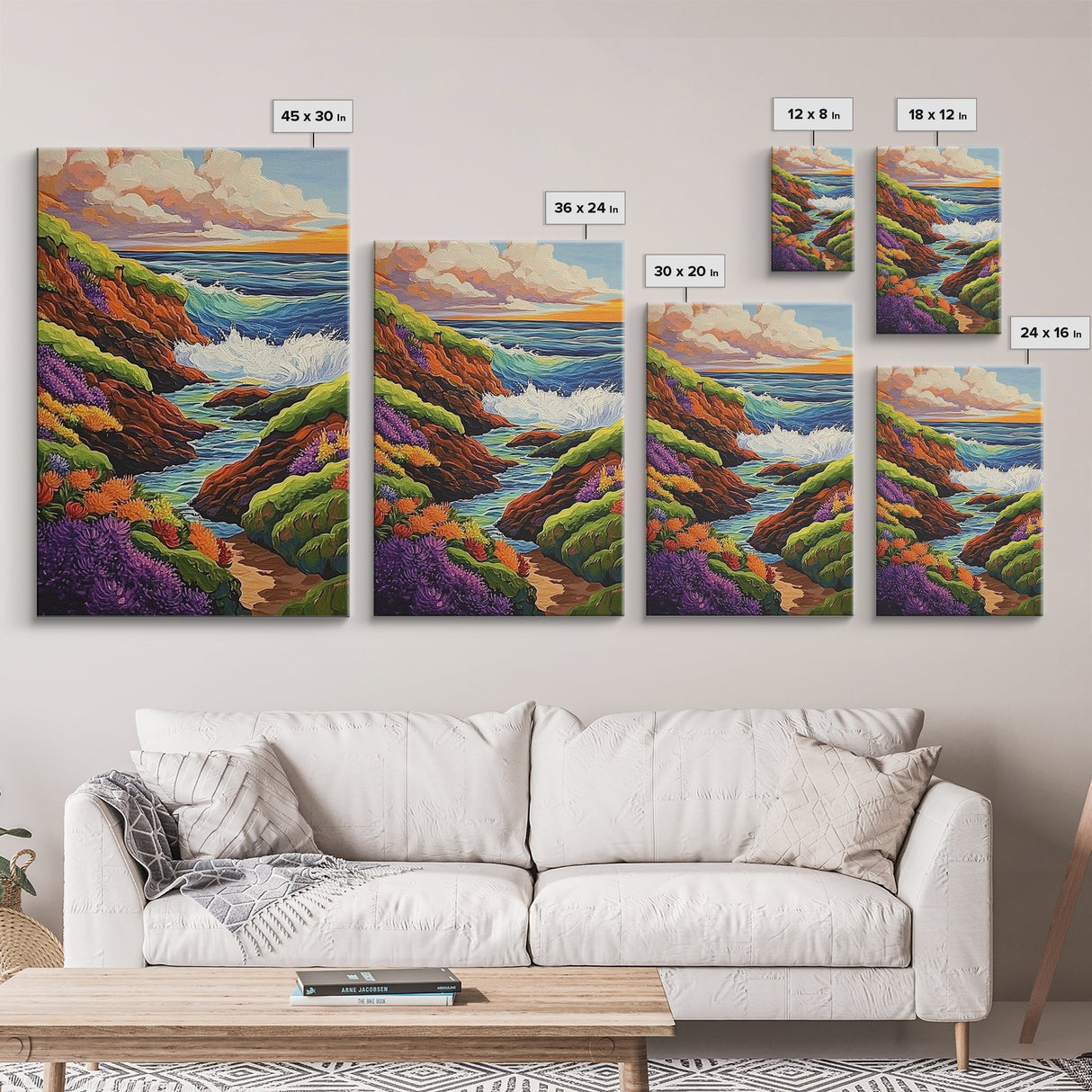 Ocean Cliffs, Wildflowers, Vibrant Coast Framed Canvas Print, Spring Beach Wall Art, Boho Living Room Decor, Bold Coastal Art