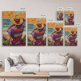 Seaside Man, Sunset, Framed Canvas Print, Vibrant beach artwork, coastal boho decor, hallway wall art, Mexico travel scene painting