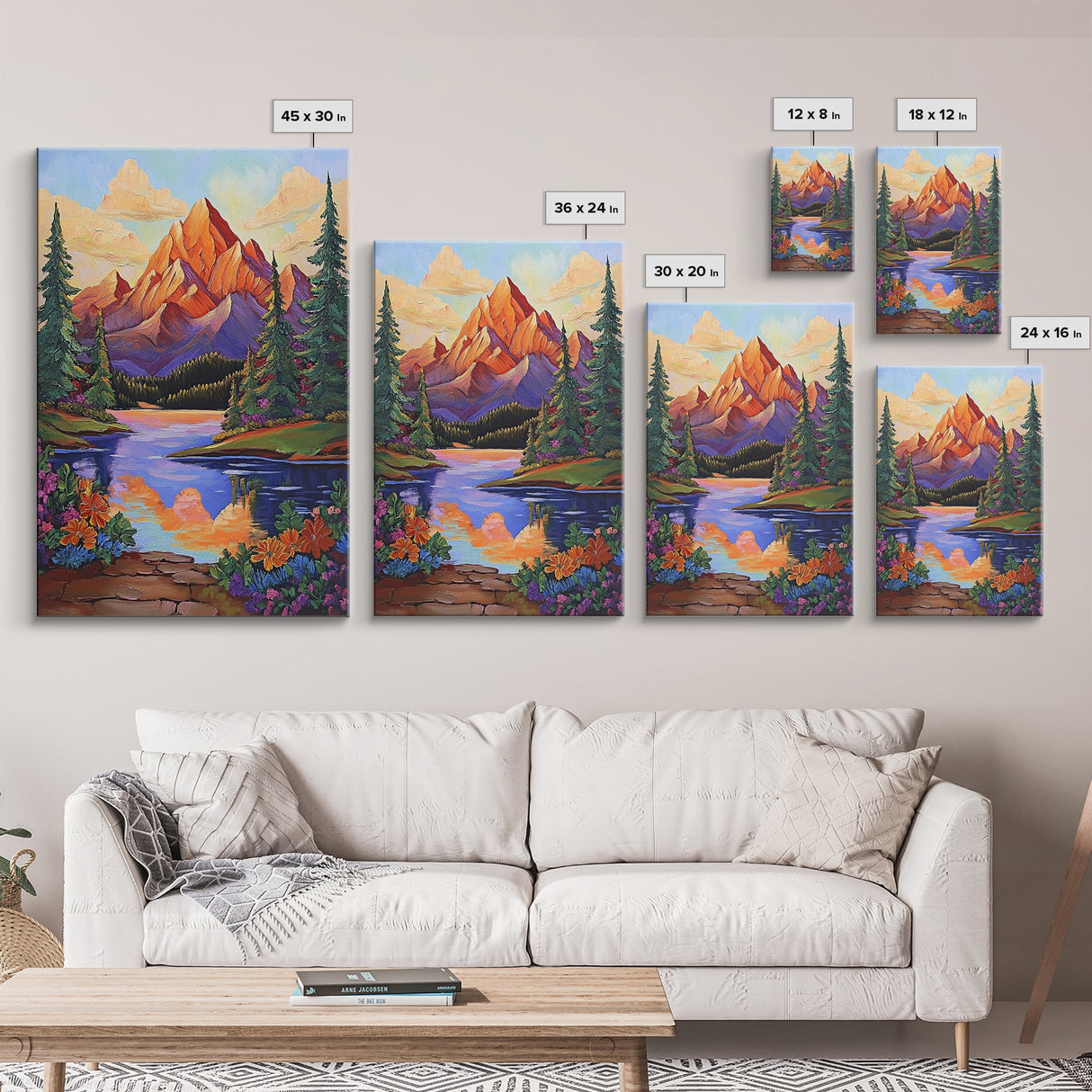 Mountain Sunset, Floral, Lakeview Framed Canvas Print, Bold Nature Landscape, Entryway Autumn Art, Vibrant Boho Wall Decor