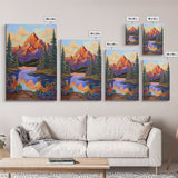 Mountain Sunset, Floral, Lakeview Framed Canvas Print, Bold Nature Landscape, Entryway Autumn Art, Vibrant Boho Wall Decor