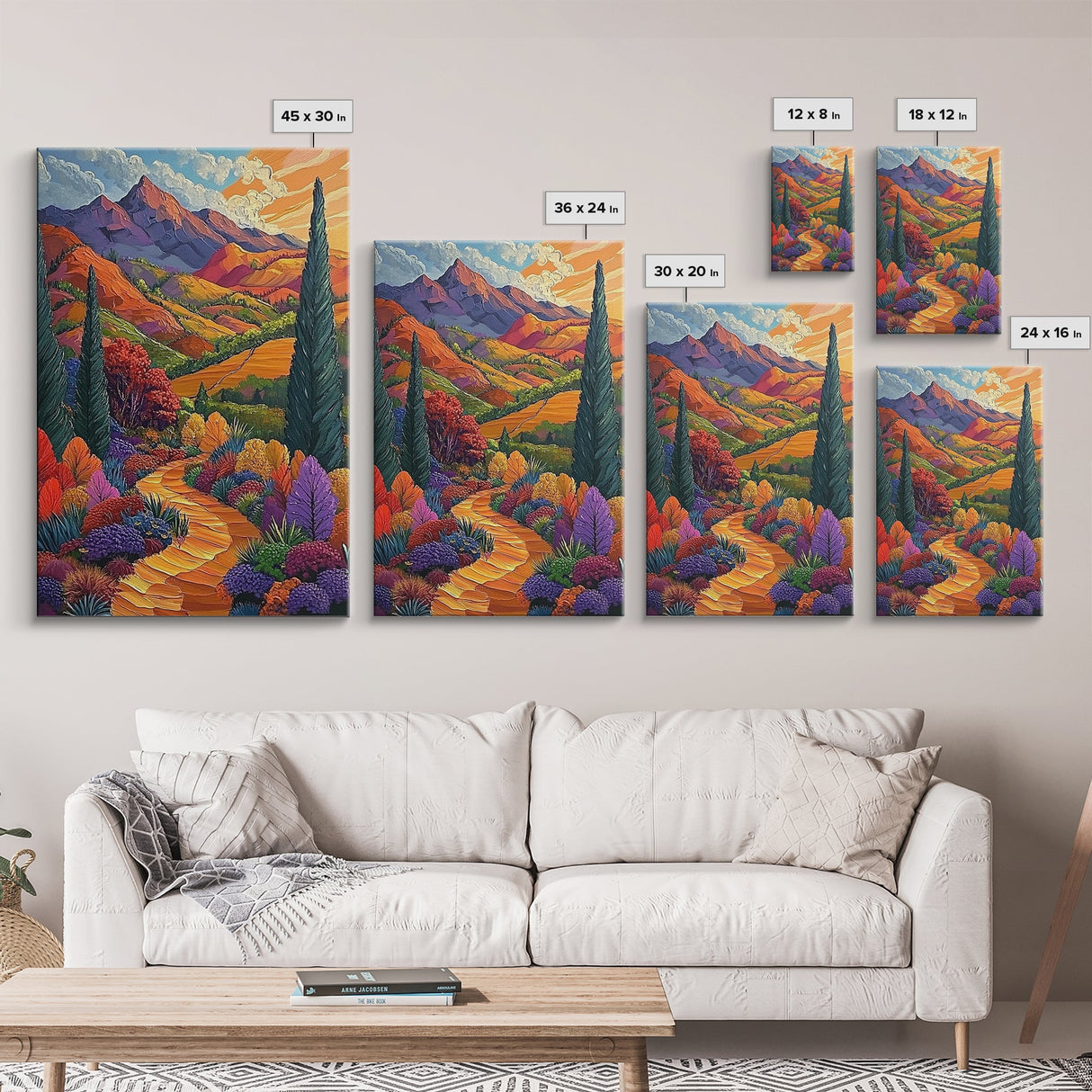 Colorful Mountain, Pathway, Autumn, Framed Canvas Print, Vibrant Fall Landscape Art, Boho Living Room Decor, Nature Wall Painting