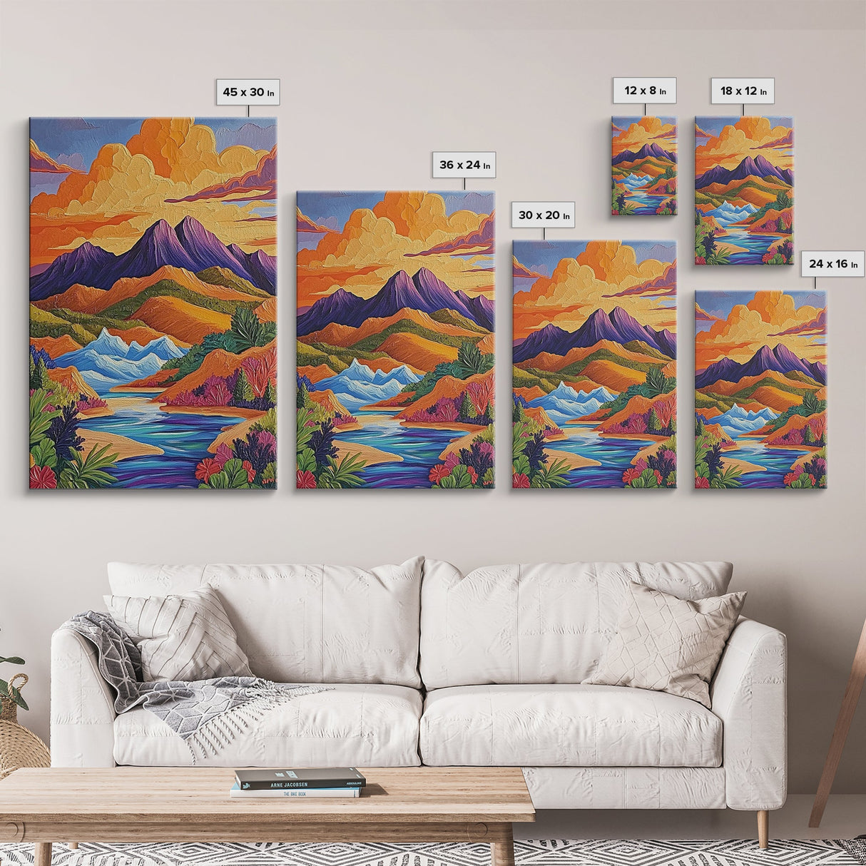 Sunset River, Mountain, Scenic, Framed Canvas Print, Bold Landscape Art, Modern Boho Wall Decor, Nature Scene Living Room Accent