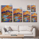 Sunset River, Mountain, Scenic, Framed Canvas Print, Bold Landscape Art, Modern Boho Wall Decor, Nature Scene Living Room Accent