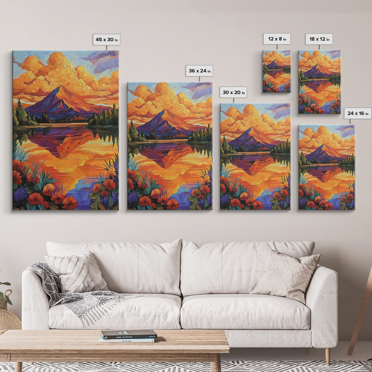 Mountain Reflection, Lake, Sunset, Framed Canvas Print, Vibrant Nature Wall Art, Rustic Cabin Decor, Bold Sunset Landscape Painting