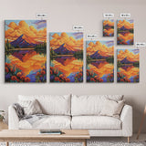 Mountain Reflection, Lake, Sunset, Framed Canvas Print, Vibrant Nature Wall Art, Rustic Cabin Decor, Bold Sunset Landscape Painting