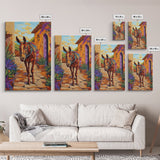 Donkey Village, Rustic, Whimsy, Framed Canvas Print, Southwestern Farmhouse Decor, Colorful Animal Wall Art, Entryway Accent Piece
