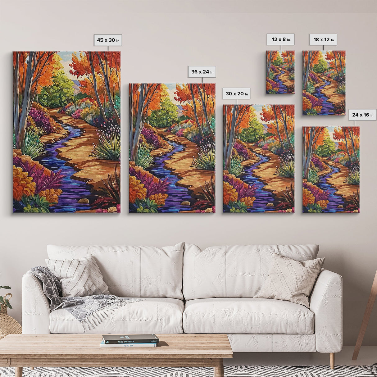 Autumn Forest, Stream, Pathway, Framed Canvas Print, Fall Nature Wall Art, Cozy Cabin Decor, Boho Living Room Landscape Artwork