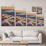 Waves Rocky, Shoreline, Sunset, Framed Canvas Print, Coastal Nature Art, Vibrant Seascape Wall Decor, Bathroom or Living Room Art