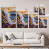 Wave Splash, Cliffside, Sunset, Framed Canvas Print, Bold Ocean Wall Art, Coastal Living Room Decor, Vibrant Beach Seascape Painting