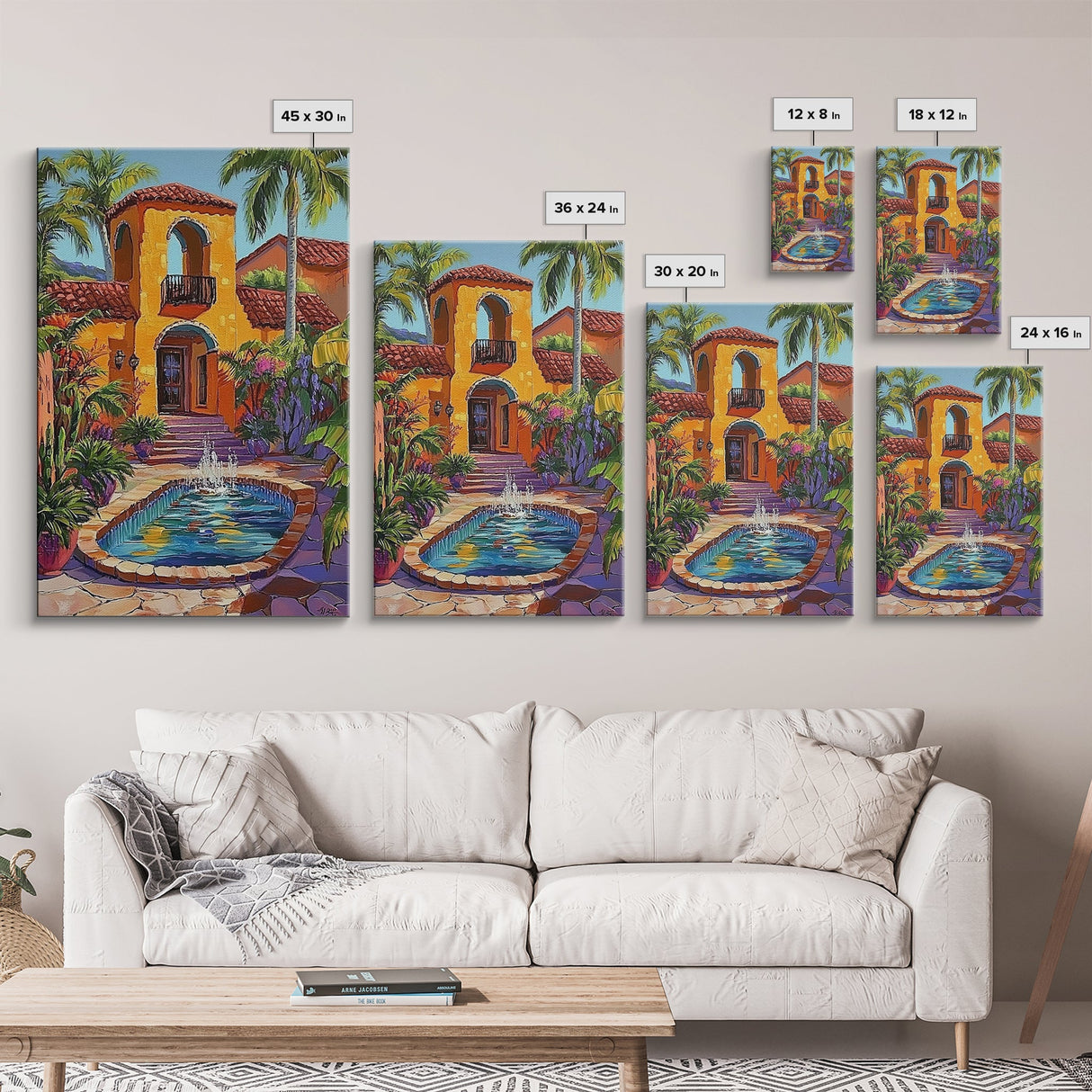 Spanish Fountain, Courtyard, Tropical, Framed Canvas Print, Vibrant Summer Wall Art, Hacienda Living Room Decor, Eclectic Boho Style