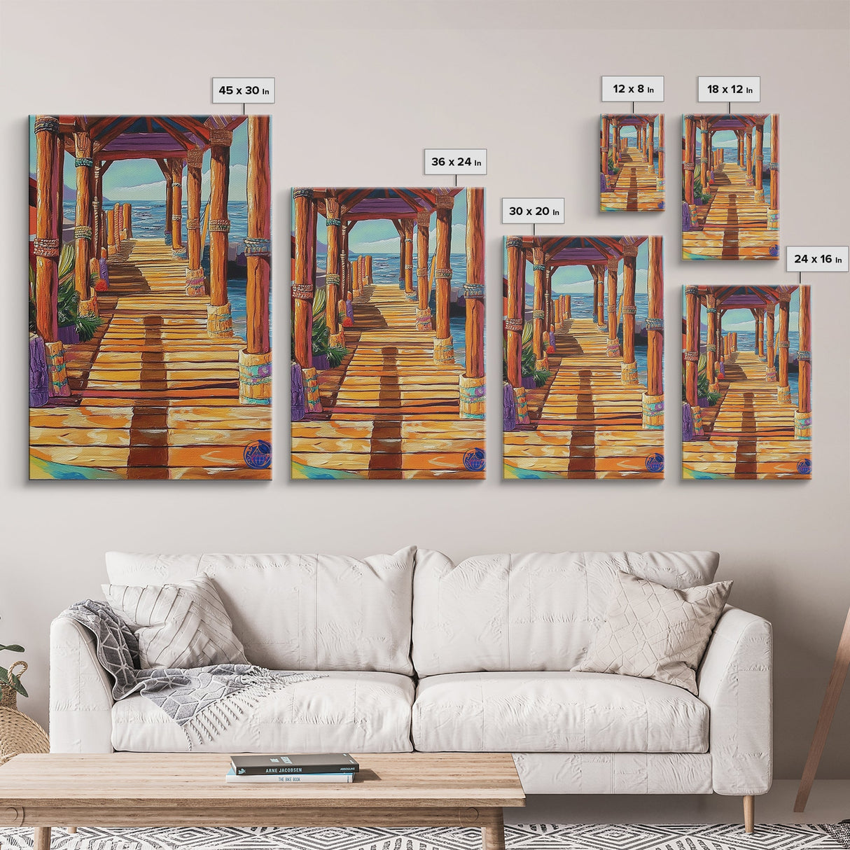 Dock Ocean, Pier, Sunset, Framed Canvas Print, Nautical Coastal Wall Art, Beach House Entryway Decor, Rustic Seaside Living Room