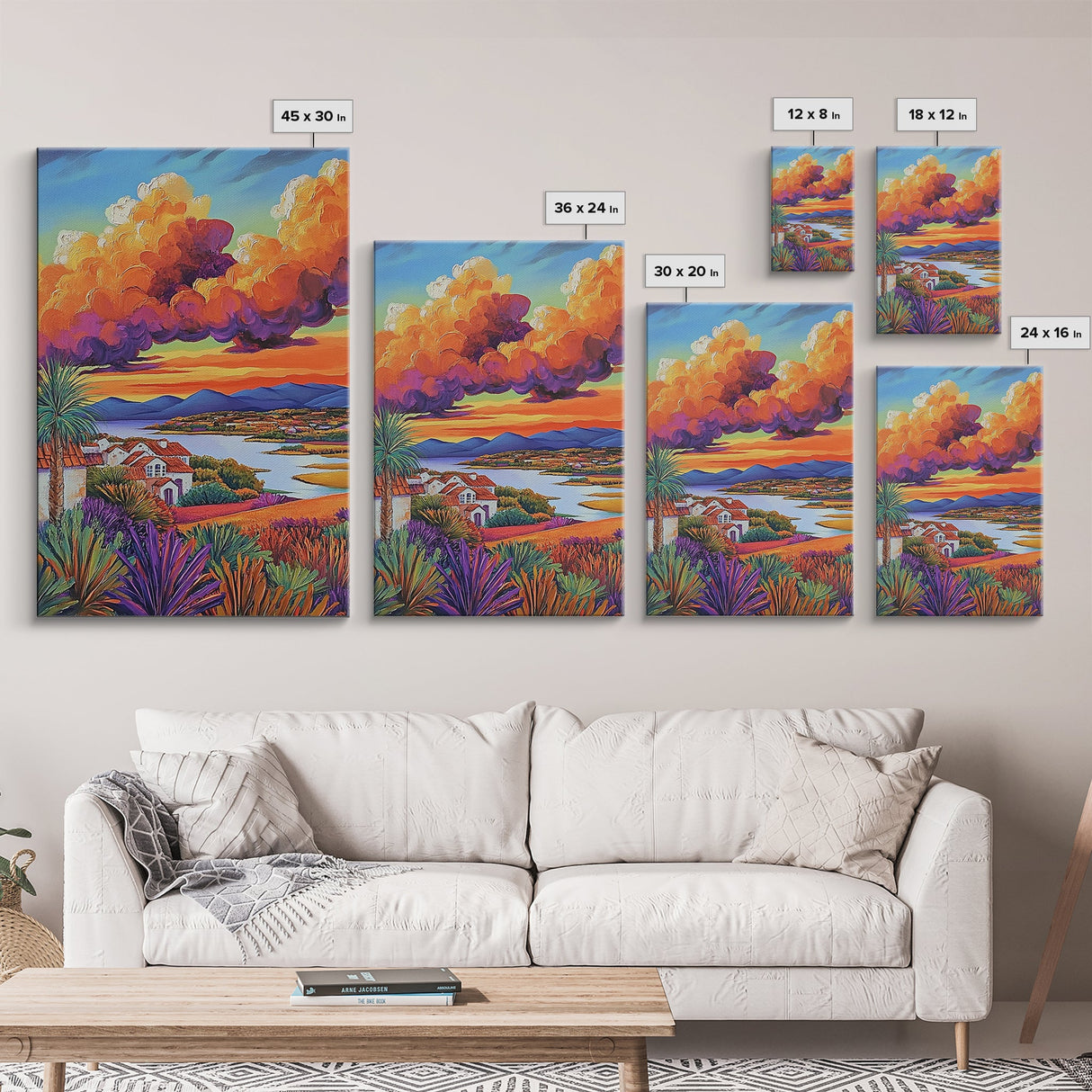 Village Sunset, Clouds, Landscape, Framed Canvas Print, Colorful Scenic Wall Art, Rustic Living Room Decor, Mediterranean Countryside